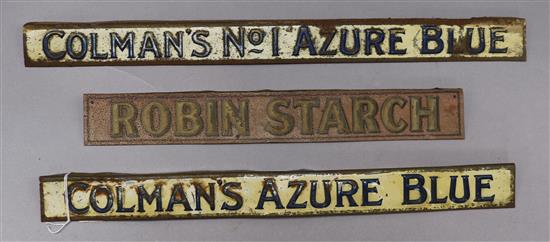 Three tin enamel signs - Colmans Azure Blue and Robin Starch shelf signs longest 44cm